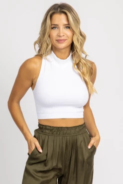 DYNAMIC FASHION NEW ARRIVALS WHITE HIGH-NECK RACERBACK CROP TANK *BACK IN STOCK*
