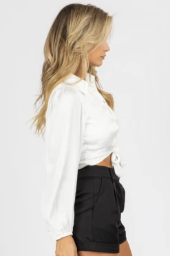 RESET BY JANE WHITE SILKY HOOK + TIE FRONT BLOUSE CLOTHING