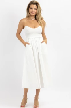 CRESCENT IVORY KNIT + LINEN STRAPLESS MIDI DRESS NEW ARRIVALS