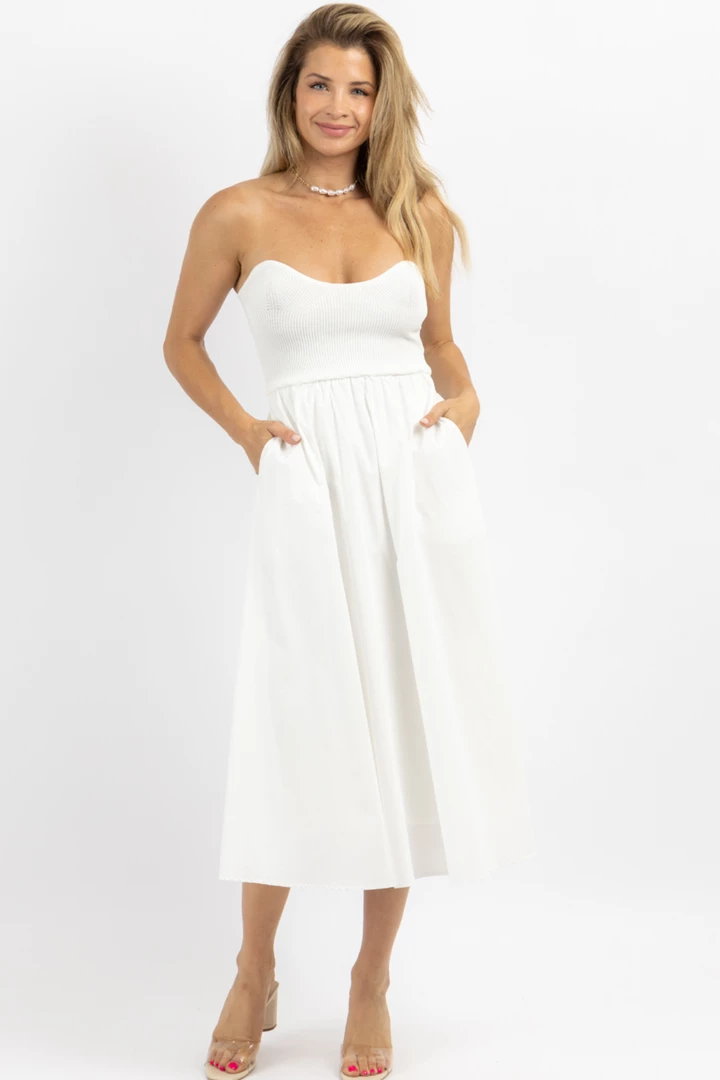 CRESCENT IVORY KNIT + LINEN STRAPLESS MIDI DRESS NEW ARRIVALS 1 CRESCENT IVORY KNIT + LINEN STRAPLESS MIDI DRESS NEW ARRIVALS