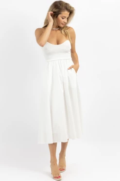 CRESCENT IVORY KNIT + LINEN STRAPLESS MIDI DRESS NEW ARRIVALS