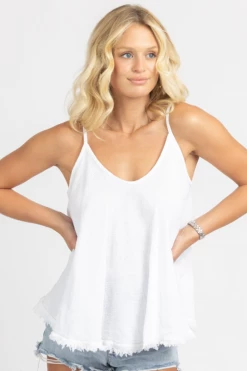 VENTI6 WHITE LINEN FRAYED HEM TANK