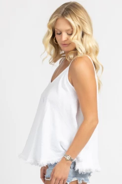 VENTI6 WHITE LINEN FRAYED HEM TANK