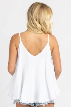 VENTI6 WHITE LINEN FRAYED HEM TANK