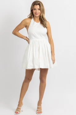 MABLE NEW ARRIVALS WHITE LINEN HALTERNECK MINI DRESS