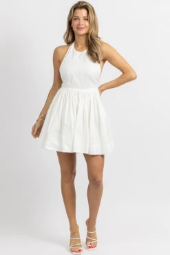 MABLE NEW ARRIVALS WHITE LINEN HALTERNECK MINI DRESS