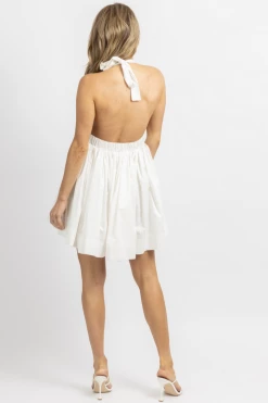 MABLE NEW ARRIVALS WHITE LINEN HALTERNECK MINI DRESS