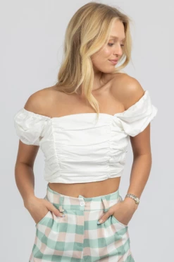 MABLE WHITE LINEN PUFF SLEEVE OPEN-BACK CROP NEW ARRIVALS
