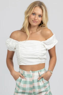 MABLE WHITE LINEN PUFF SLEEVE OPEN-BACK CROP NEW ARRIVALS