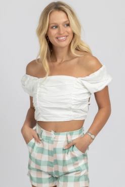 MABLE WHITE LINEN PUFF SLEEVE OPEN-BACK CROP NEW ARRIVALS