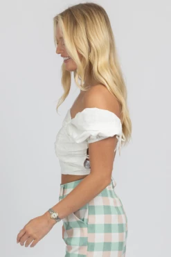 MABLE WHITE LINEN PUFF SLEEVE OPEN-BACK CROP NEW ARRIVALS