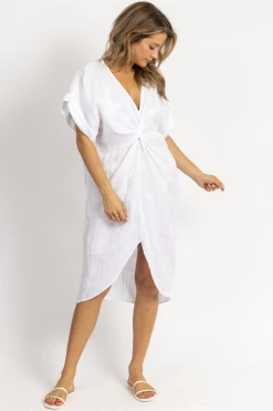 VENTI6 WHITE LINEN FRONT TWIST MIDI COVER UP DRESS *RESTOCK COMING SOON*
