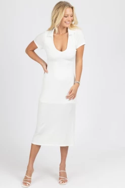 LE LIS SHORT SLEEVE COLLARED MIDI DRESS IN IVORY NEW ARRIVALS