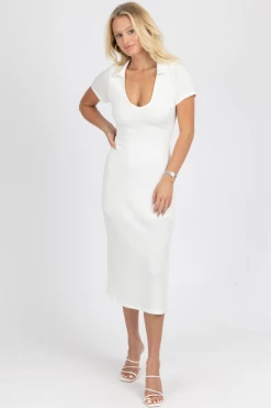 LE LIS SHORT SLEEVE COLLARED MIDI DRESS IN IVORY NEW ARRIVALS
