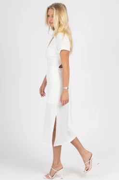 LE LIS SHORT SLEEVE COLLARED MIDI DRESS IN IVORY NEW ARRIVALS