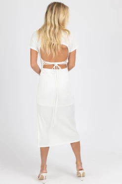 LE LIS SHORT SLEEVE COLLARED MIDI DRESS IN IVORY NEW ARRIVALS