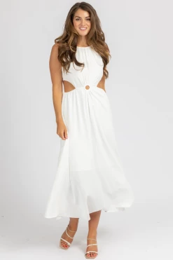 STYLE U WHITE O-RING OPEN SIDE MIDI DRESS