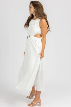 STYLE U WHITE O-RING OPEN SIDE MIDI DRESS