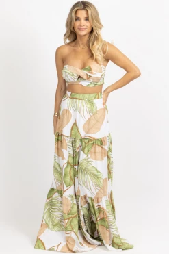 LUXXEL WHITE PALM TIERED MAXI SKIRT SET NEW ARRIVALS