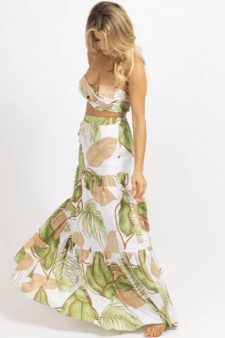 LUXXEL WHITE PALM TIERED MAXI SKIRT SET NEW ARRIVALS