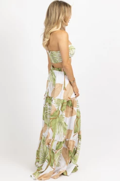 LUXXEL WHITE PALM TIERED MAXI SKIRT SET NEW ARRIVALS