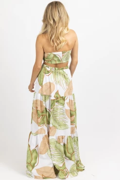 LUXXEL WHITE PALM TIERED MAXI SKIRT SET NEW ARRIVALS