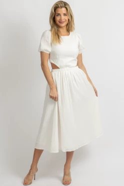 BLUE BLUSH NEW ARRIVALS IVORY PUFF SLEEVE WAIST CUTOUT MIDI DRESS