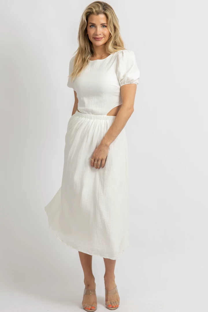 BLUE BLUSH NEW ARRIVALS IVORY PUFF SLEEVE WAIST CUTOUT MIDI DRESS 3 BLUE BLUSH NEW ARRIVALS IVORY PUFF SLEEVE WAIST CUTOUT MIDI DRESS