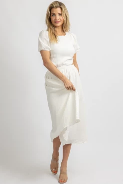 BLUE BLUSH NEW ARRIVALS IVORY PUFF SLEEVE WAIST CUTOUT MIDI DRESS 10 BLUE BLUSH NEW ARRIVALS IVORY PUFF SLEEVE WAIST CUTOUT MIDI DRESS