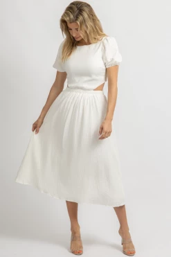 BLUE BLUSH NEW ARRIVALS IVORY PUFF SLEEVE WAIST CUTOUT MIDI DRESS