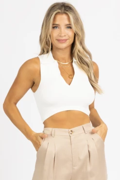 MISS LOVE WHITE RIBBED COLLARED CROP TANK
