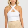 DYNAMIC FASHION CLOTHING WHITE RIBBED CROSS HALTER CROP