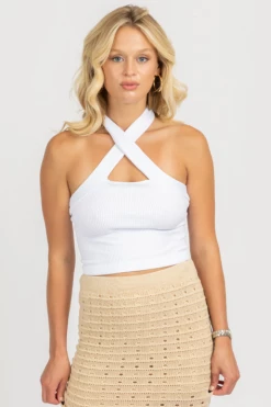 DYNAMIC FASHION CLOTHING WHITE RIBBED CROSS HALTER CROP