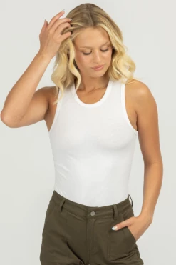 LE LIS ROUND NECK SLEEVELESS BODYSUIT IN WHITE