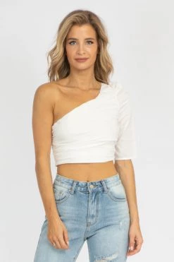 COTTON CANDY LA WHITE ONE SLEEVE RUCHED TOP CLOTHING