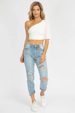 COTTON CANDY LA WHITE ONE SLEEVE RUCHED TOP CLOTHING