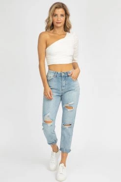 COTTON CANDY LA WHITE ONE SLEEVE RUCHED TOP CLOTHING