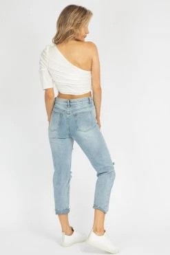 COTTON CANDY LA WHITE ONE SLEEVE RUCHED TOP CLOTHING