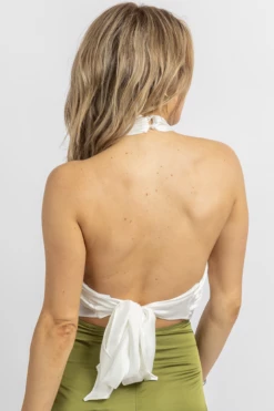 DO + BE NEW ARRIVALS WHITE FRONT CROSS BACK-TIE SATIN CROP