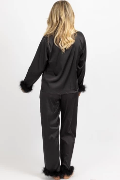 MADE WITH LOVE BLACK FEATHER TRIM SILKY PJ SET NEW ARRIVALS