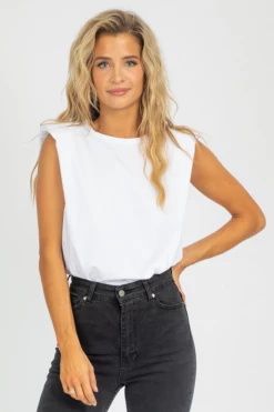 ETHAN + JOY BEST SELLERS WHITE SHOULDER PAD TANK