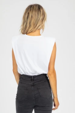 ETHAN + JOY BEST SELLERS WHITE SHOULDER PAD TANK