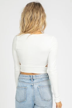 BLUE BLUSH WHITE OPEN SIDE LONG SLEEVE TOP CLOTHING