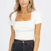 LE LIS NEW ARRIVALS WHITE SHORT SLEEVE KNIT TIE-BACK CROP