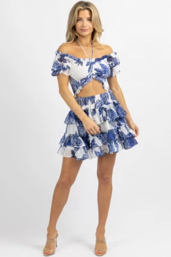 LUXXEL WHITE + BLUE SMOCK RUFFLE TIERED MINI DRESS NEW ARRIVALS