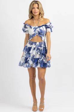 LUXXEL WHITE + BLUE SMOCK RUFFLE TIERED MINI DRESS NEW ARRIVALS