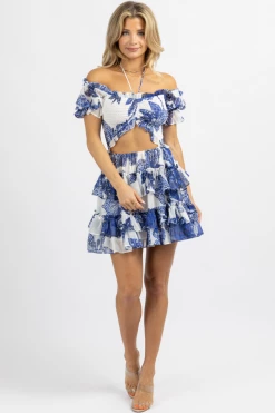 LUXXEL WHITE + BLUE SMOCK RUFFLE TIERED MINI DRESS NEW ARRIVALS