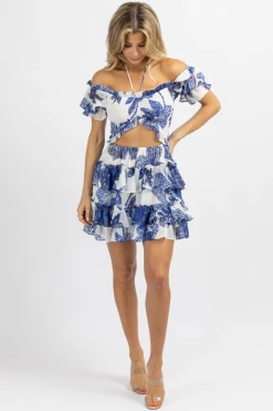 LUXXEL WHITE + BLUE SMOCK RUFFLE TIERED MINI DRESS NEW ARRIVALS