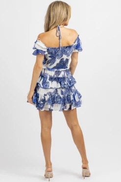 LUXXEL WHITE + BLUE SMOCK RUFFLE TIERED MINI DRESS NEW ARRIVALS