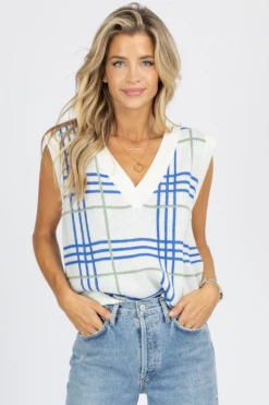 BAILEY ROSE NEW ARRIVALS WHITE + BLUE PLAID SWEATER VEST 7 BAILEY ROSE NEW ARRIVALS WHITE + BLUE PLAID SWEATER VEST